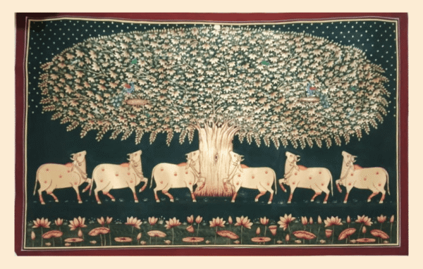 Traditional Pichwai Painting of Cows Beneath Kadamba Tree with Peacocks and Lotus Pond